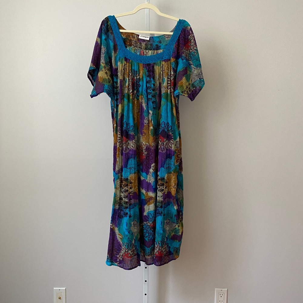 Loungees Cotton Boho Flowy Beachy Relaxed Lagenlook Kaftan Dress XL Multicolor